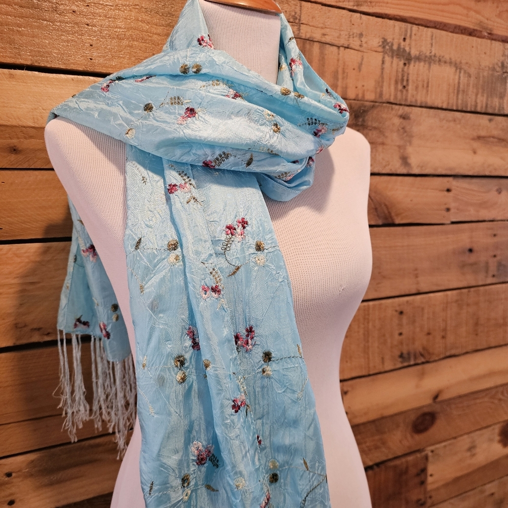 Aqua Blue Scarf/Wrap/Shawl w/ Embroidered Pink Flowers & Green Leaves 62" Long - Picture 2 of 13
